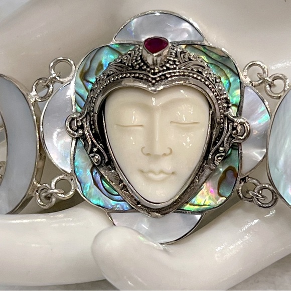 Carved Bone Multigemstone Sterling Silver Toggle Clasp Bracelet